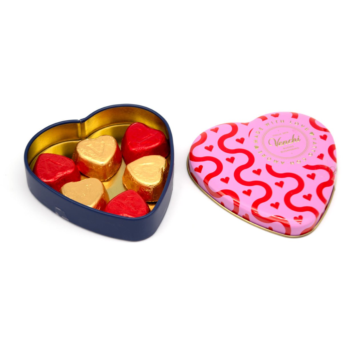 Venchi Heart Shaped Metal Valentines Tin with Heart Shaped Chocolates - 6 pc - 48g