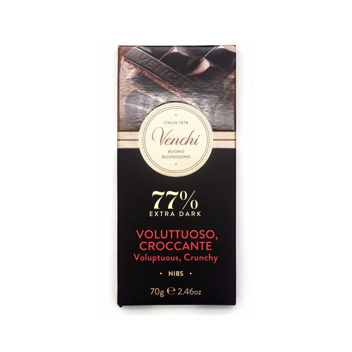 Venchi Voluttuoso Croccante 77% Dark Chocolate & Nibs Bar - 70g