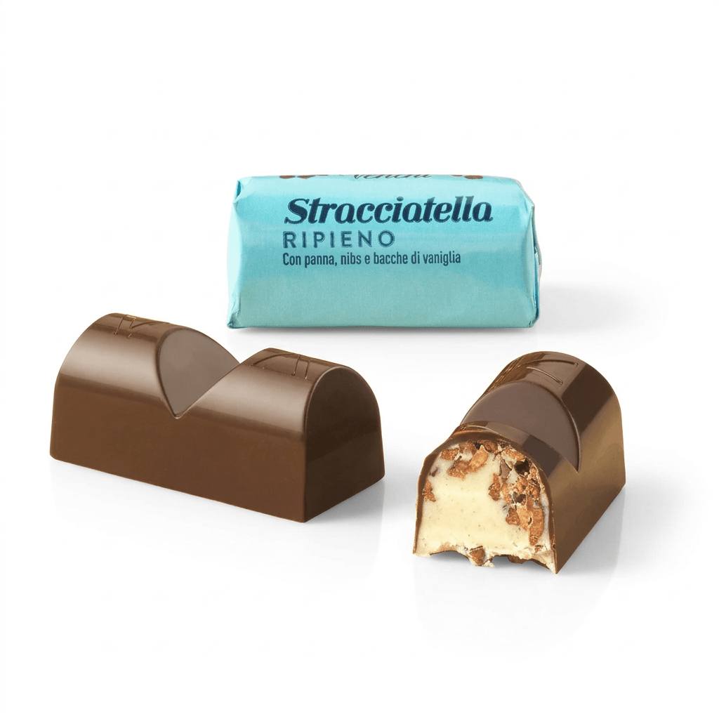 Two chocolate-covered pastries with a turquoise wrapper labeled 'Stracciatella RIPIENO' behind them, on a white background. One pastry is whole, and the other is broken open to show the creamy filling with nuts.