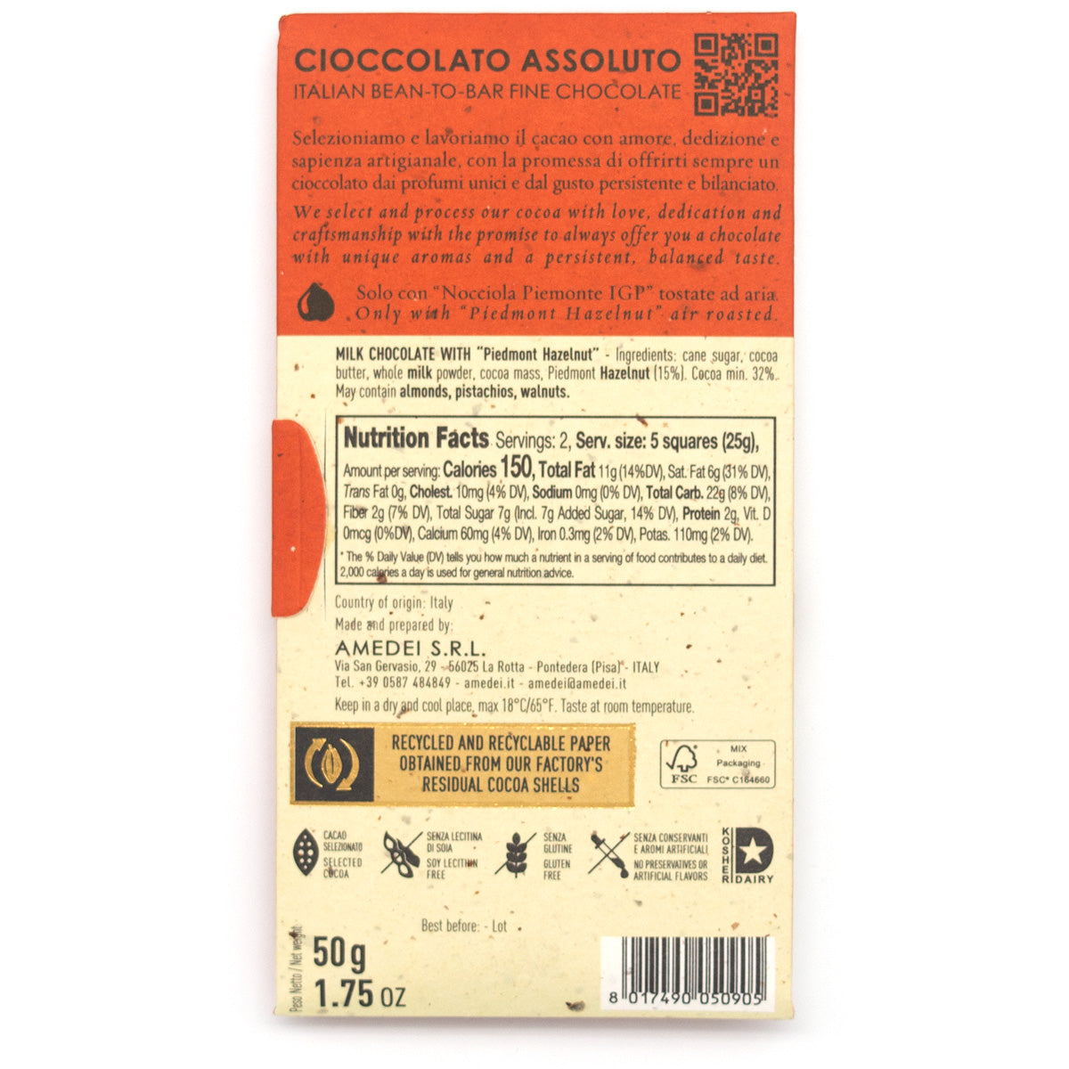 Amedei Cioccolato al Latte con Nocciole 32% Milk Chocolate & Hazelnut Bar - 50g