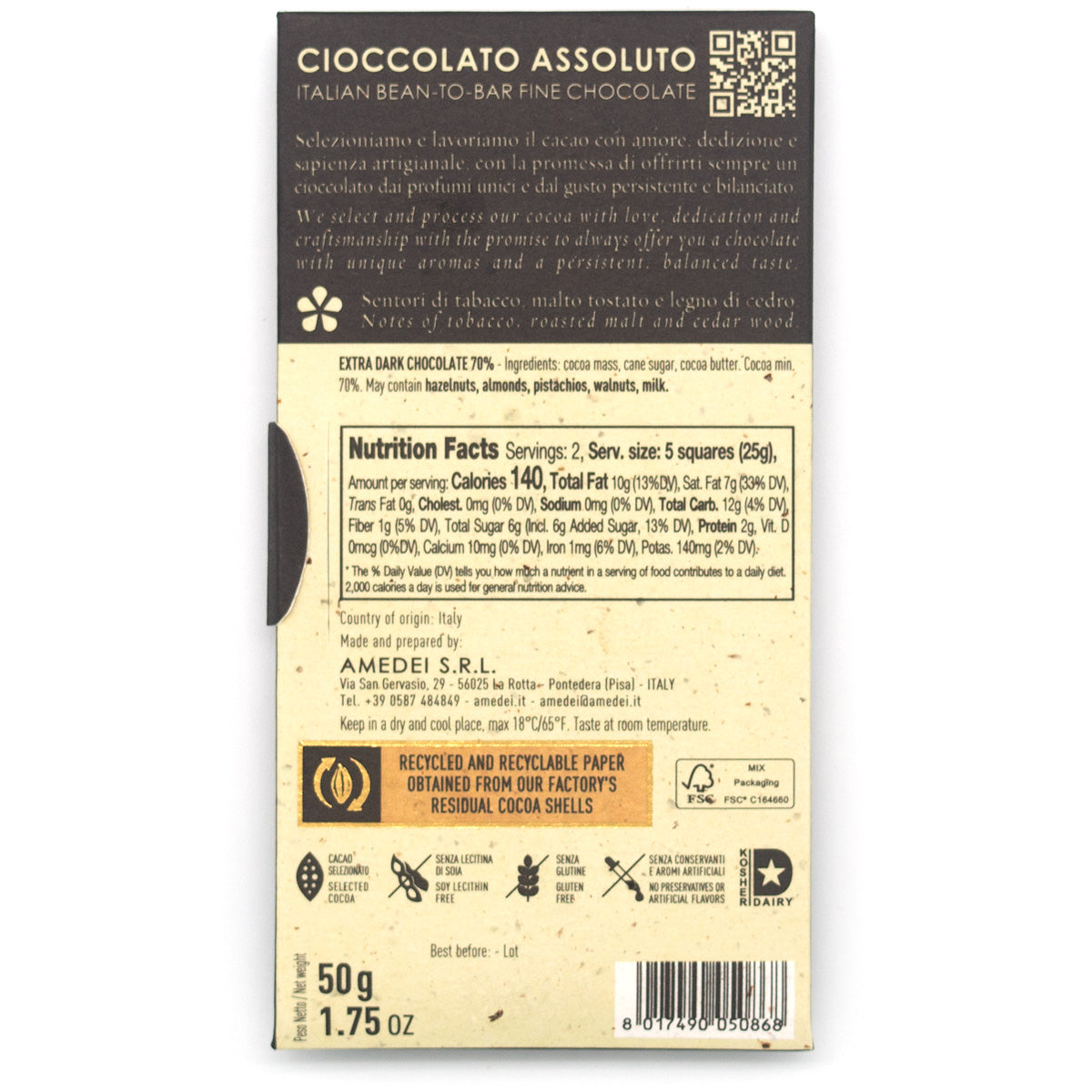 Amedei Toscano Black 70% Dark Chocolate Bar - 50g