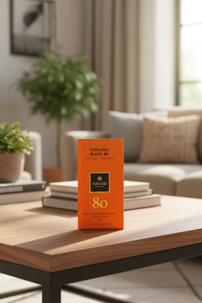 Amedei Toscano Toscana Black 80 chocolate bar packaging in bright orange with a central black square logo and gold text, shown on a coffee table.