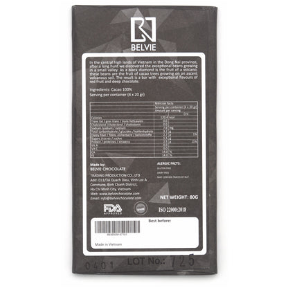 Belvie Black Diamond 100% Single Origin Dark Chocolate Bar - 80g