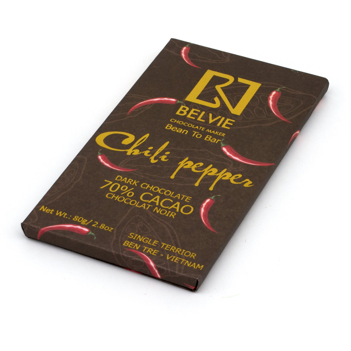 A single Belvie chocolate bar in dark chocolate packaging, featuring a brown wrapper with yellow text and red chili pepper illustrations.