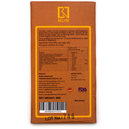 Belvie 90% Single Origin Dark Chocolate Bar - 80g
