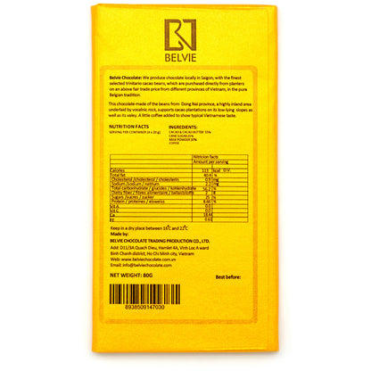 Belvie Dark 55% Single Origin Milk Chocolate with Coffee & Nibs Bar - 80g