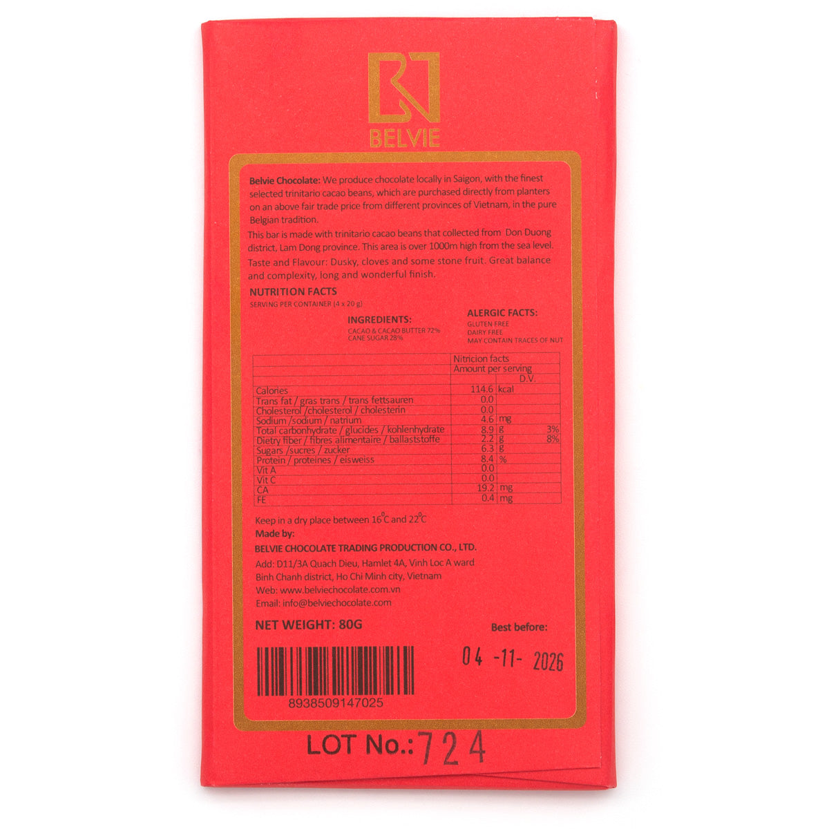 Belvie Don Duong 72% Single Origin Dark Chocolate Bar - 80g