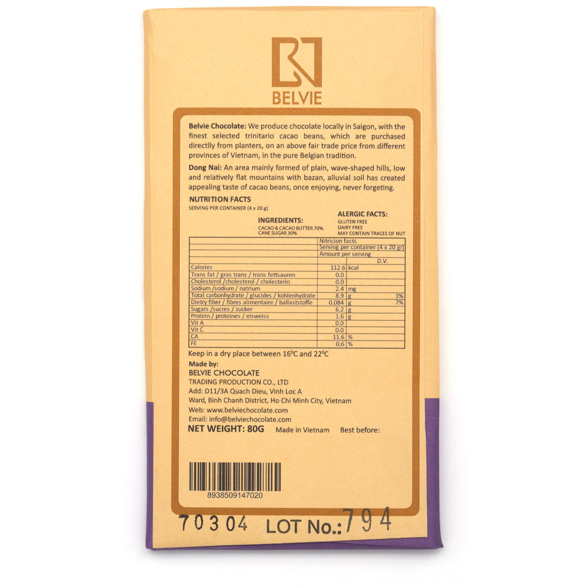 Belvie Dong Nai 70% Single Origin Dark Chocolate Bar - 80g