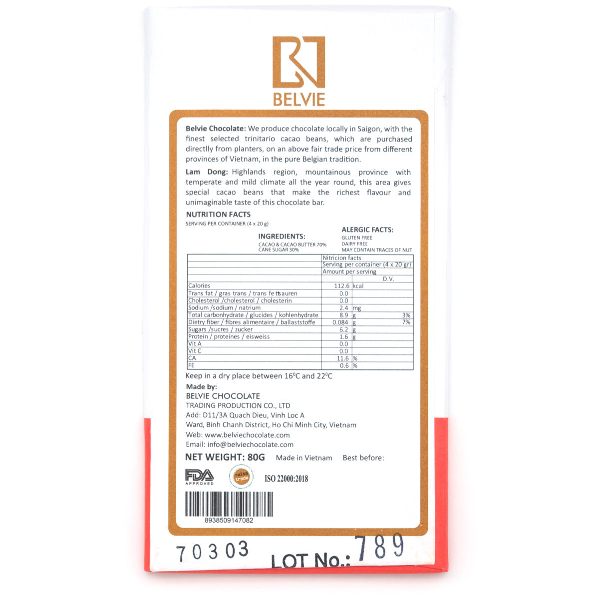 Belvie Lam Dong 70% Single Origin Dark Chocolate Bar - 80g