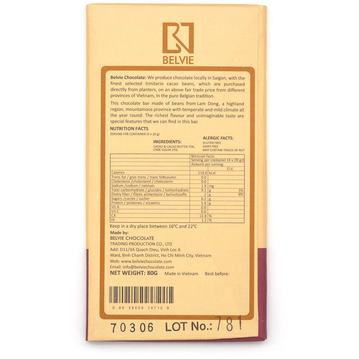 Belvie Thien Tuy 75% Single Origin Dark Chocolate Bar - 80g