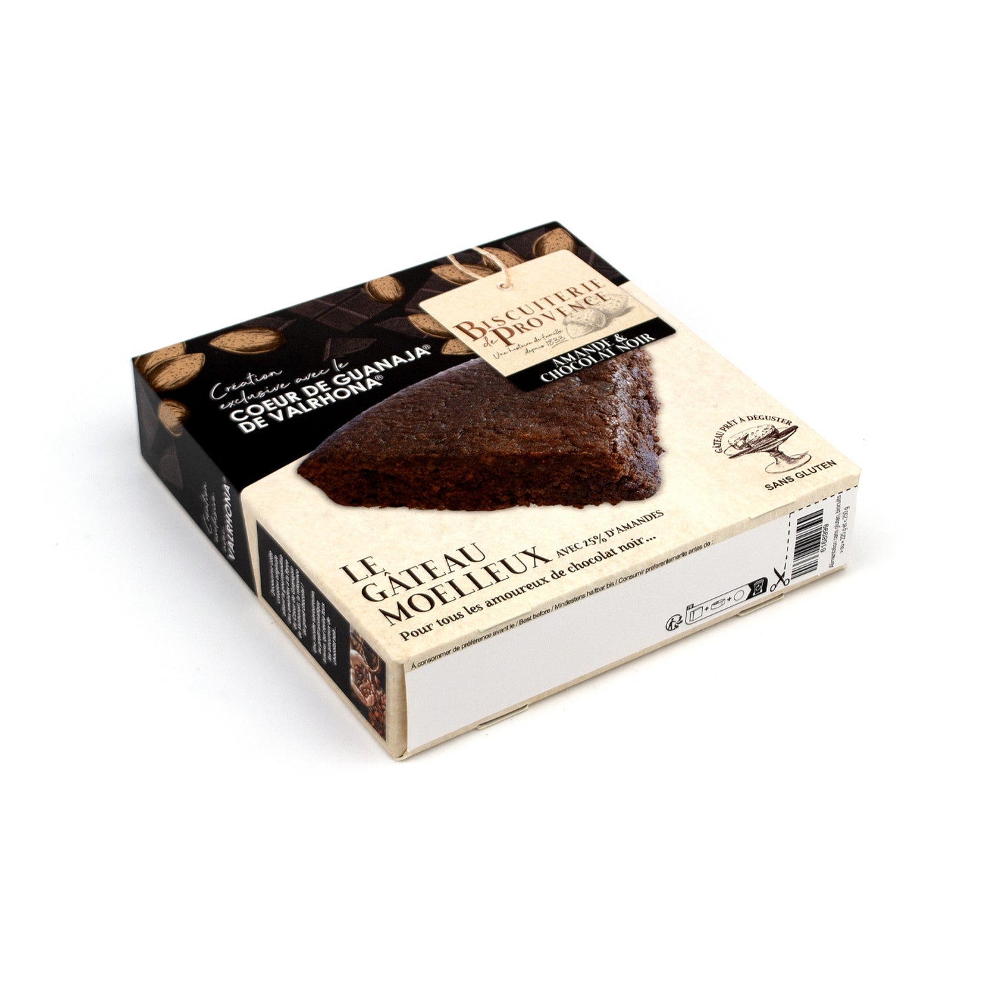 A boxed cake product photographed on a clean white studio background. The package is angled to show the top and side panels, with a large photo of a chocolate cake slice on the front and French text including 'Le Gâteau Molleux'