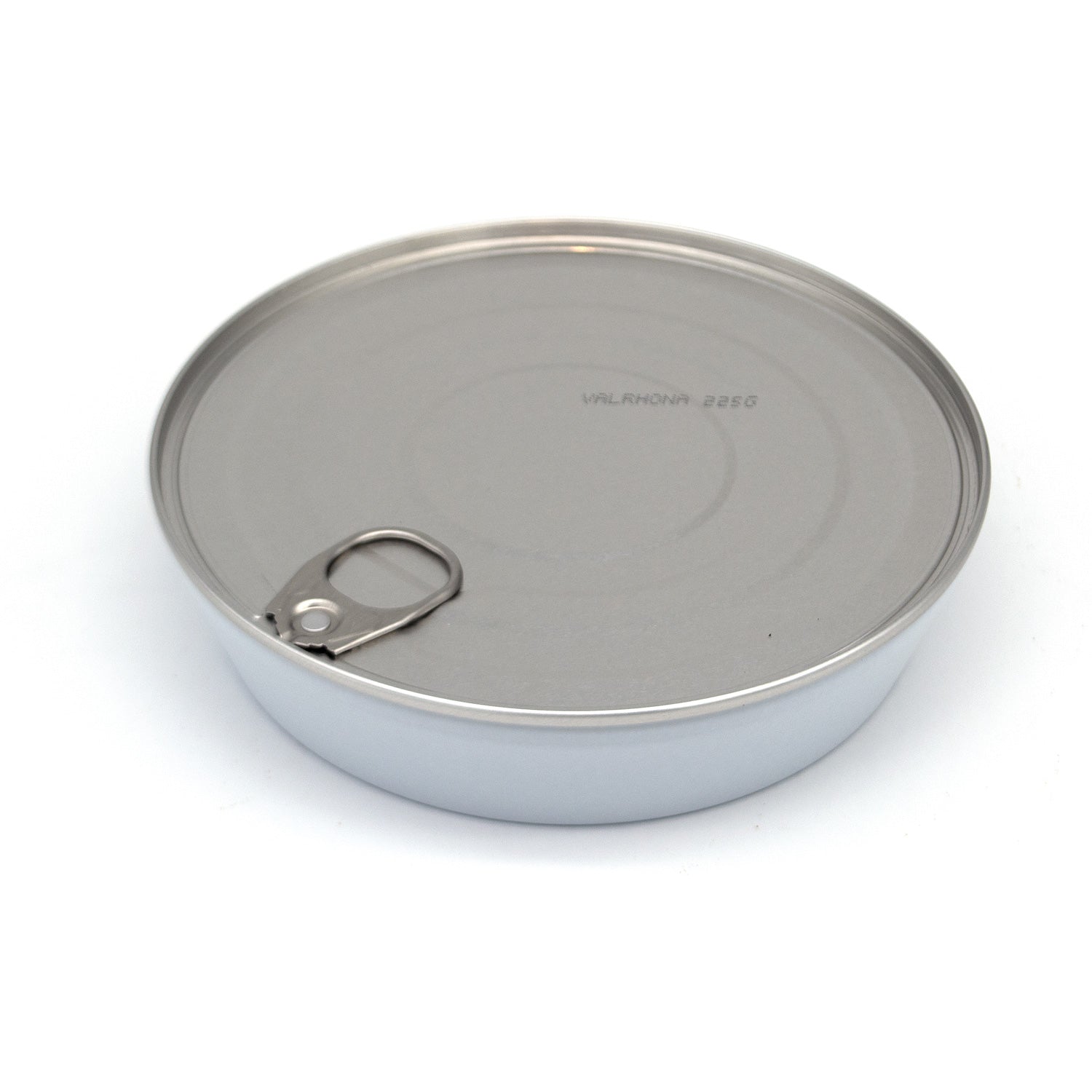 A round metal tin with a pull-tab lid, photographed from above on a clean white background.