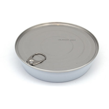 A round metal tin with a pull-tab lid, photographed from above on a clean white background.