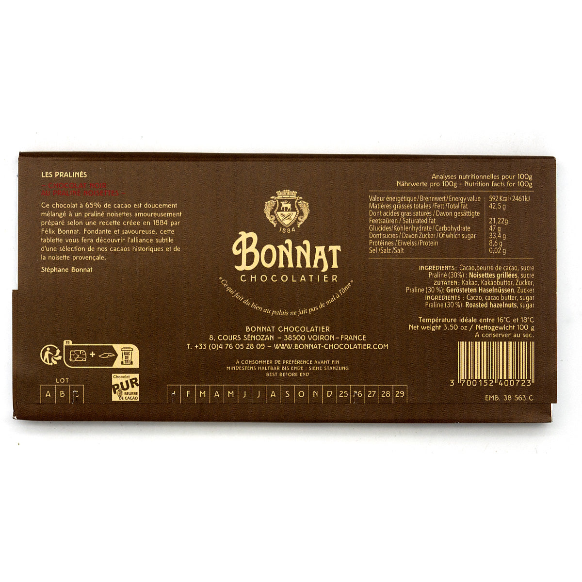 Bonnat 65% Dark Chocolate Hazelnut Praline Bar - 100g