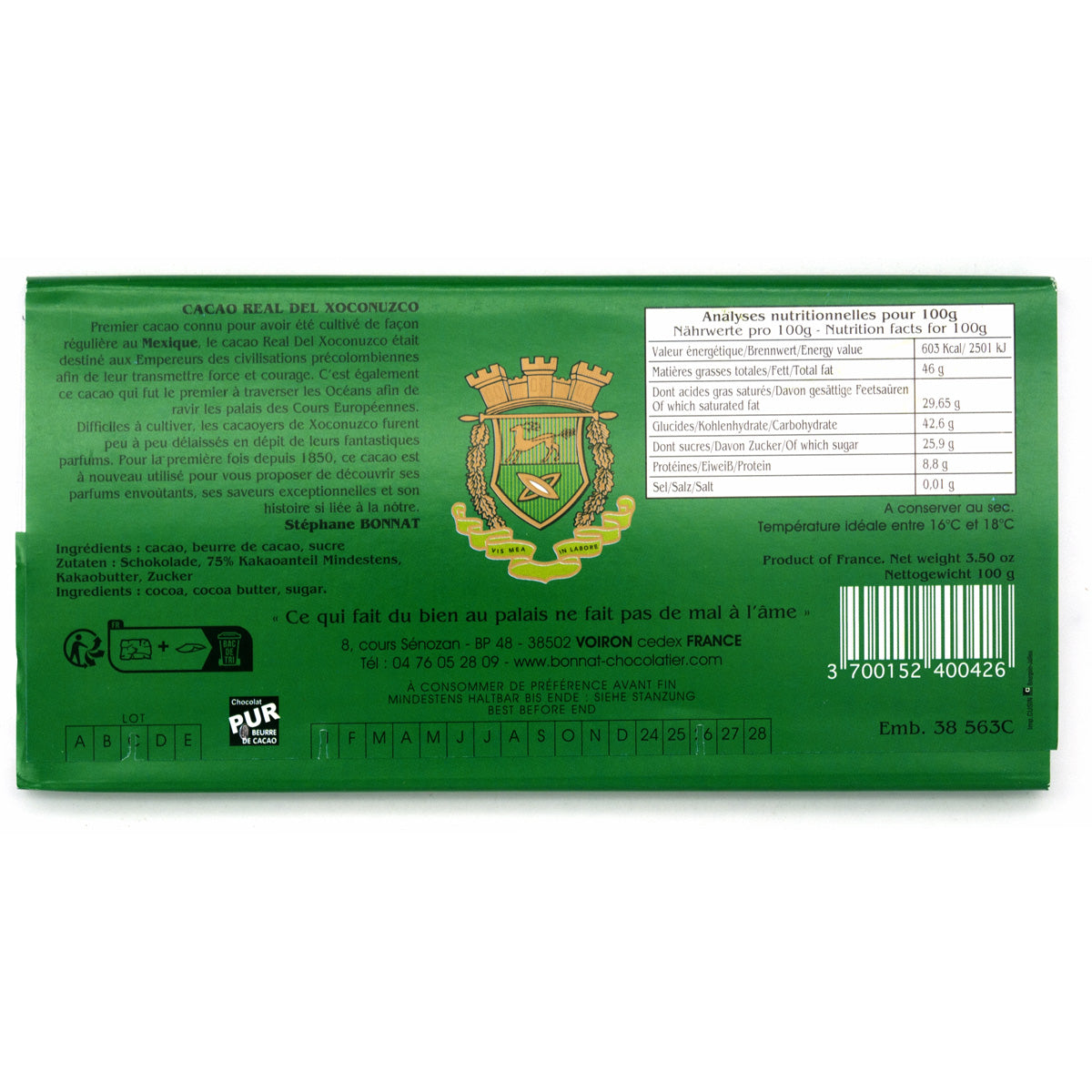 Bonnat Xoconuzco 75% Single Origin Dark Chocolate Bar - 100g
