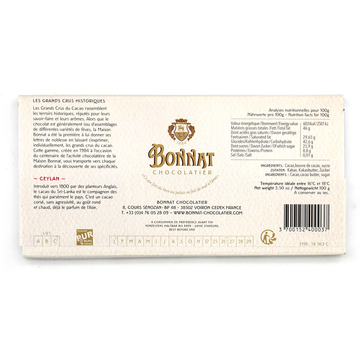 Bonnat Ceylan 75% Single Origin Dark Chocolate Bar - 100g