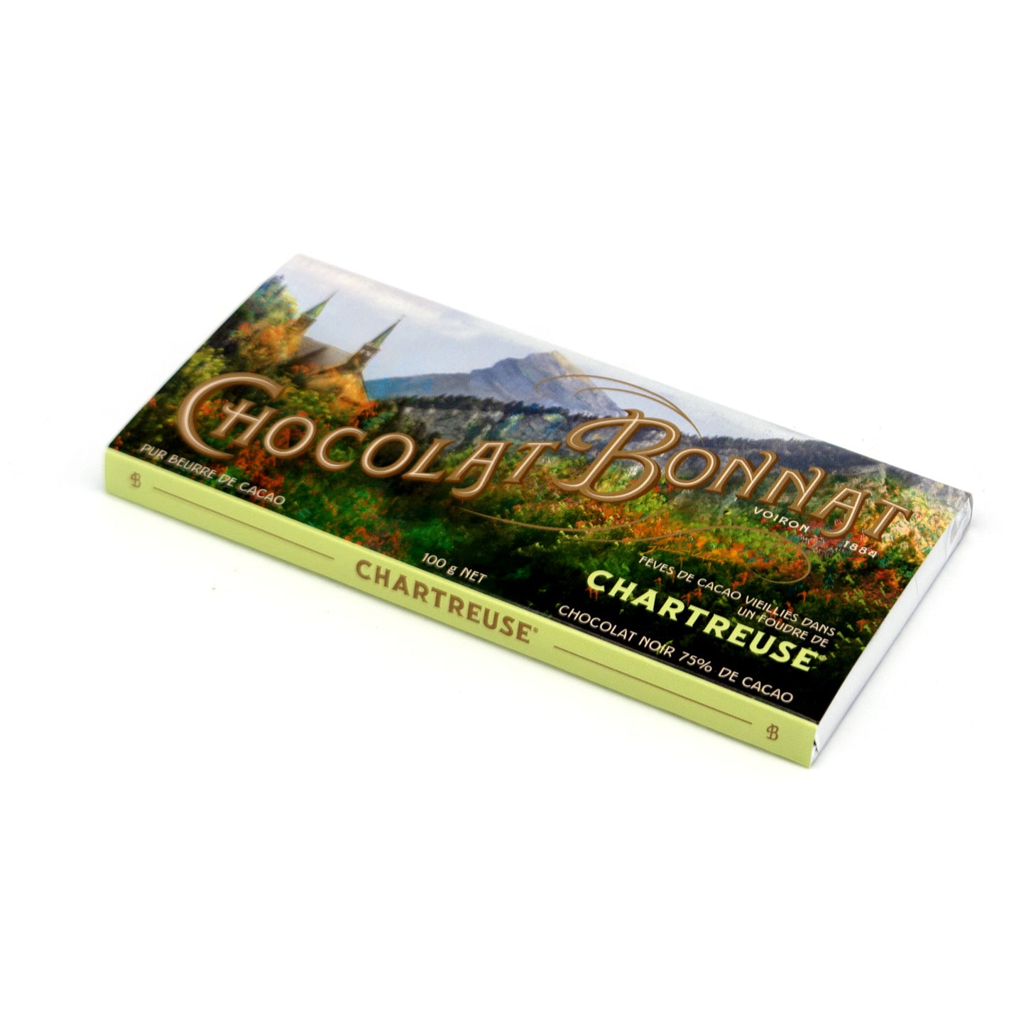 A single wrapped chocolate bar of Chocolat Bonnat Chartreuse, featuring a scenic vineyard landscape illustration on the wrapper with gold lettering, set against a plain white background.