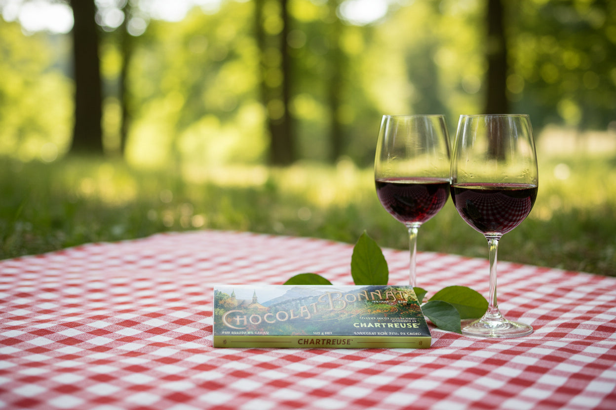 A single wrapped chocolate bar of Chocolat Bonnat Chartreuse, featuring a scenic vineyard landscape illustration on the wrapper with gold lettering, set against a picnic scene.