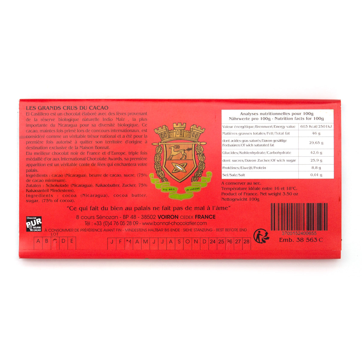 Bonnat El Castillero 75% Single Origin Dark Chocolate Bar - 100g