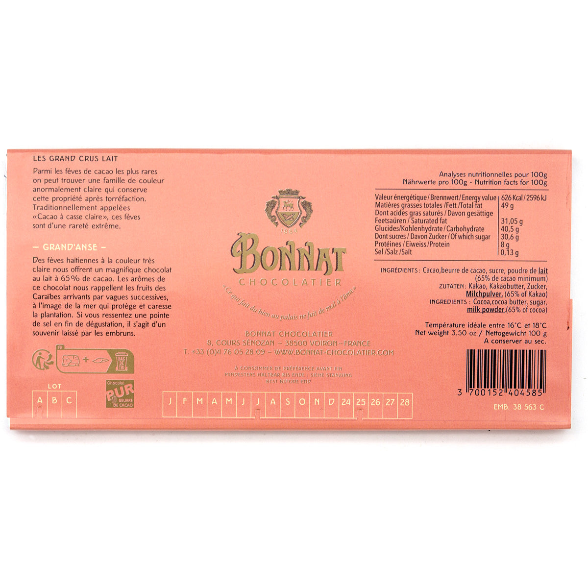 Bonnat Grand'Anse 65% Single Origin Milk Chocolate Bar - 100g