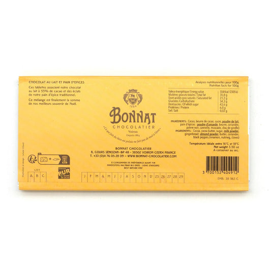 Bonnat Lait et Pain d'épices 55% Milk Chocolate & Gingerbread Bar - 100g