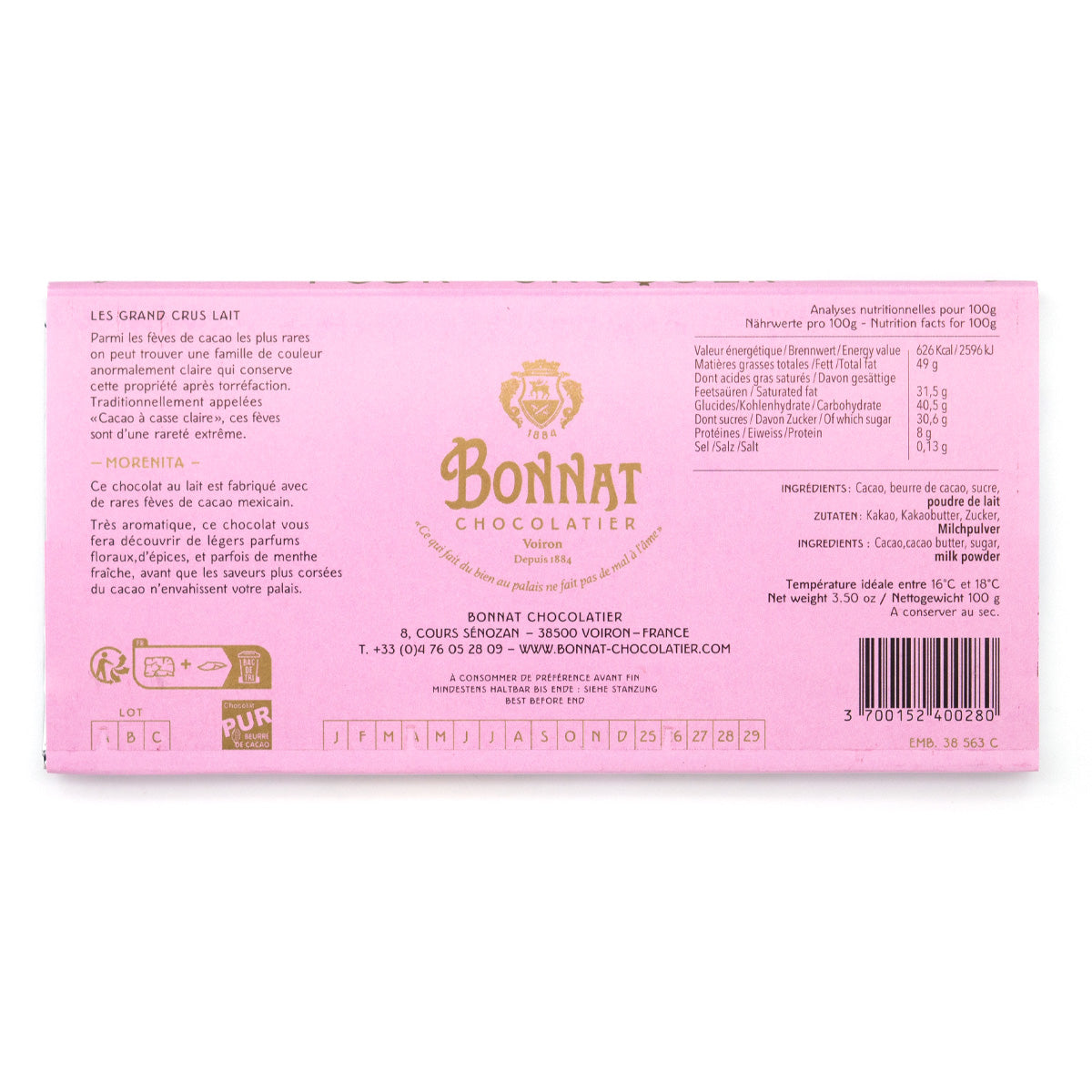Bonnat Morenita 65% Single Origin Milk Chocolate Bar - 100g