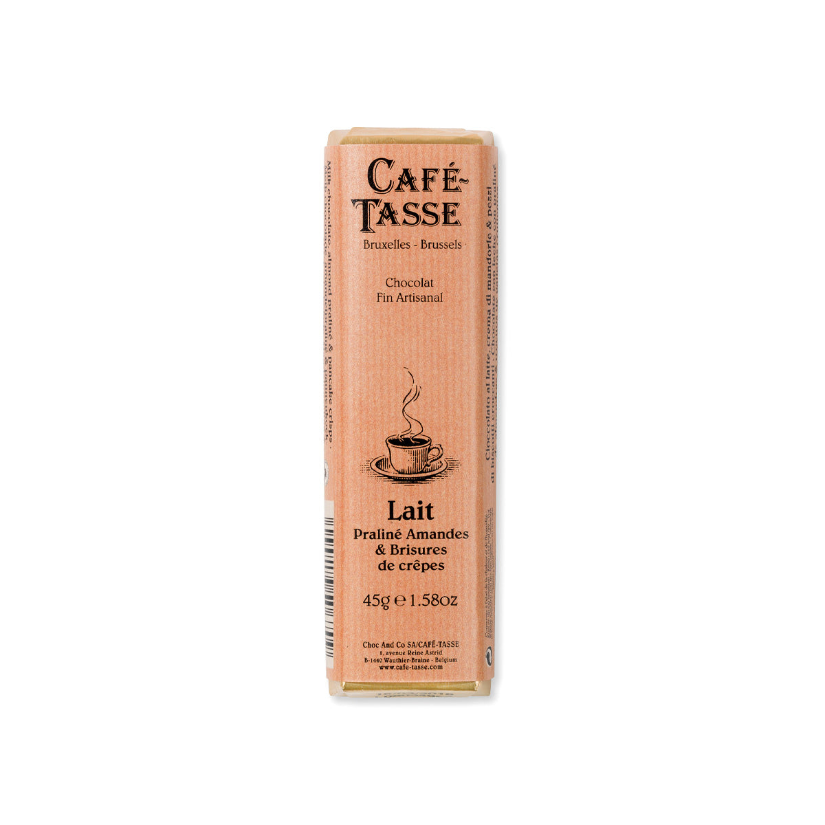 Cafe-Tasse 38% Milk Chocolate with Almond Praline Crispy Crepe Bar - 45g