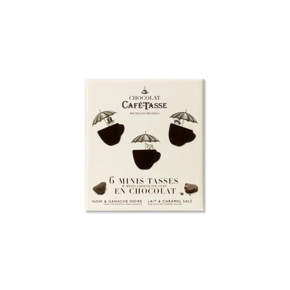 Café Tasse chocolate mini cups packaging with illustrations on a white background