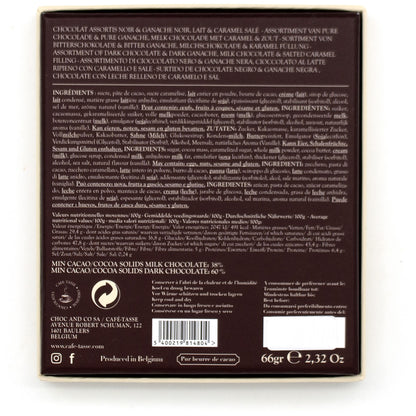 The back of a chocolate bar packaging, showing detailed product information in French and English, including ingredients, nutrition facts, and manufacturer details.
