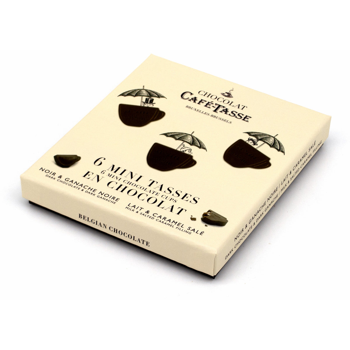A boxed package of Chocolat Café-tasse Belgian Chocolate 6 Mini Tasses en Chocolat, featuring a cream-colored box with dark brown chocolate cup illustrations and text.