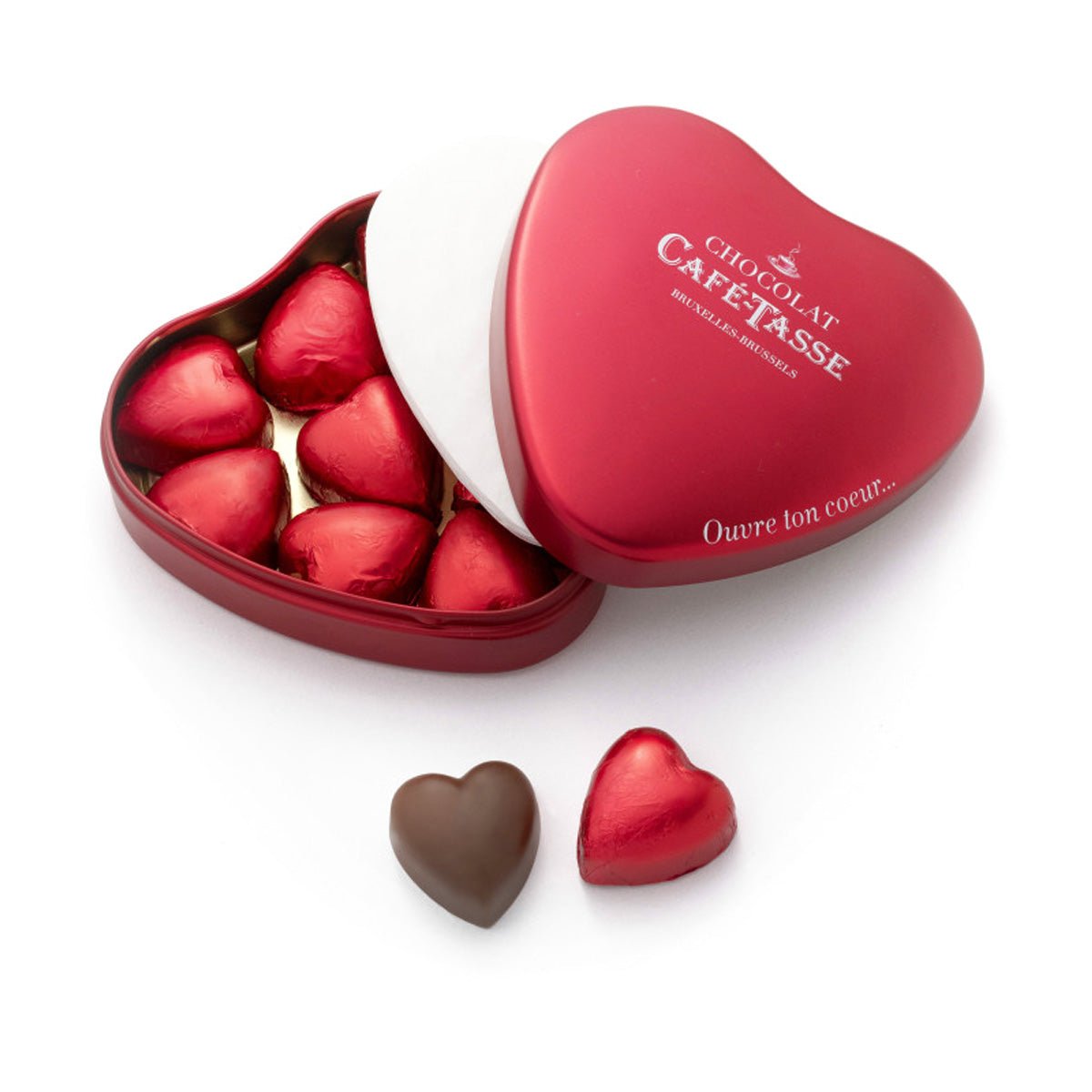 Café-Tasse Heart Shaped Hazelnut Praliné Milk Chocolates in Heart Tin - 9 pc - 115g