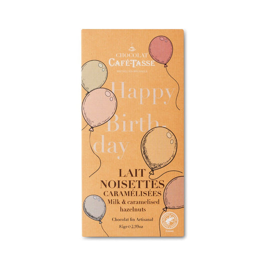 Café-Tasse Lait aux Noisettes Caramelisees 'Happy Birthday' 38% Milk Chocolate & Hazelnuts Bar - 85g