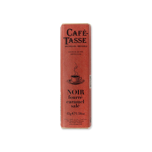 Café Tasse Noir Fourre Caramel Sale chocolate bar packaging on a white background