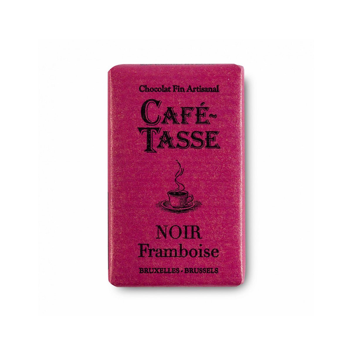 A rectangular magenta pink chocolate bar wrapper for 'Café Tasse Noir Framboise' on a plain white background.