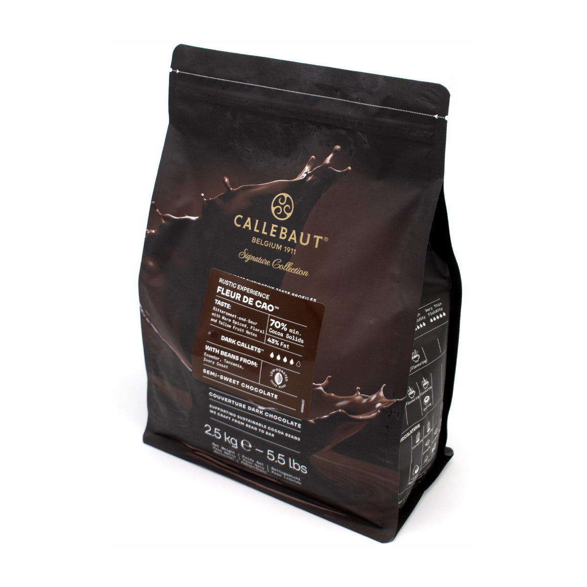 A 2.5 kg bag of Callebaut Signature Collection dark chocolate (Fleur de Cao) on a clean white background.