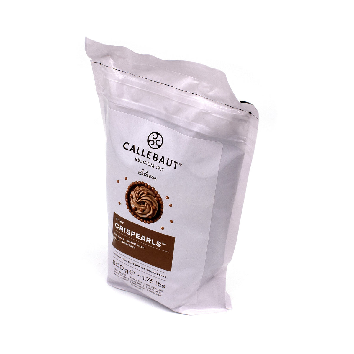 A 800g bag of Callebaut Crispearls chocolate, shown on a clean white background. The packaging is a white stand-up pouch with a white label featuring the brand name and a brown chocolate swirl graphic.