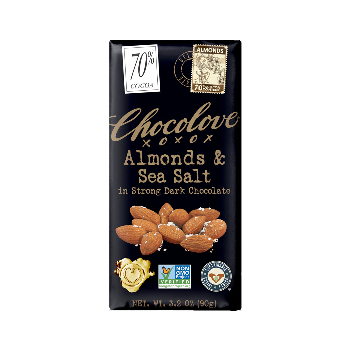 Chocolove Almonds & Sea Salt in Strong 70% Dark Chocolate Bar - 90g