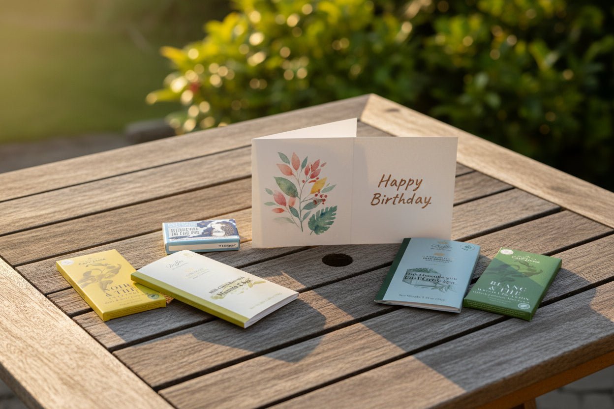 Five packaged chocolate bars arranged on a patio tab. The bars are wrapped in yellow, cream, green, and dark green paper with botanical illustrations and text.
