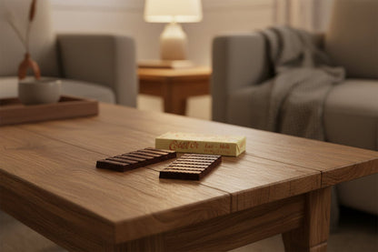 Two chocolate milk bar pieces and a package of Cote d' or Melk (milk chocolate) on a coffee table.