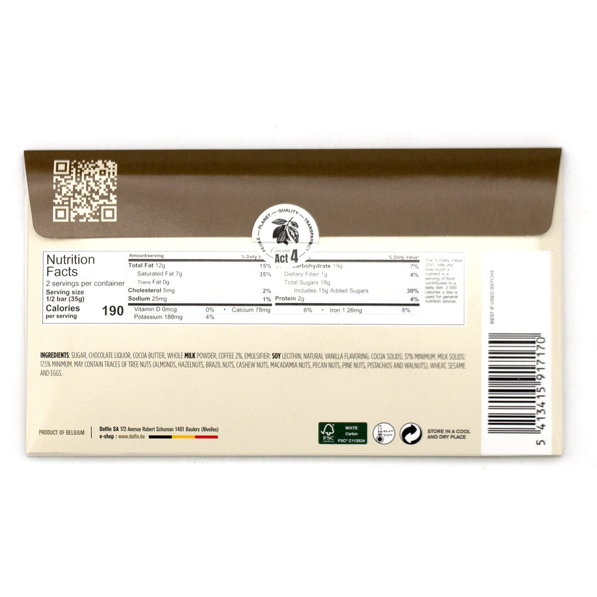 Dolfin 37% Milk Chocolate with Coffee Bar - 70g