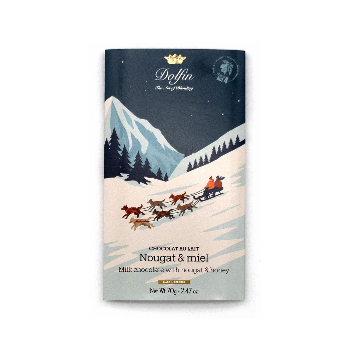 A 70g bar of Doffin Nougat & miel (milk chocolate with nougat and honey) featuring a winter-themed illustration of a sleigh pulled by dogs on a snowy mountain path under a dark night sky.