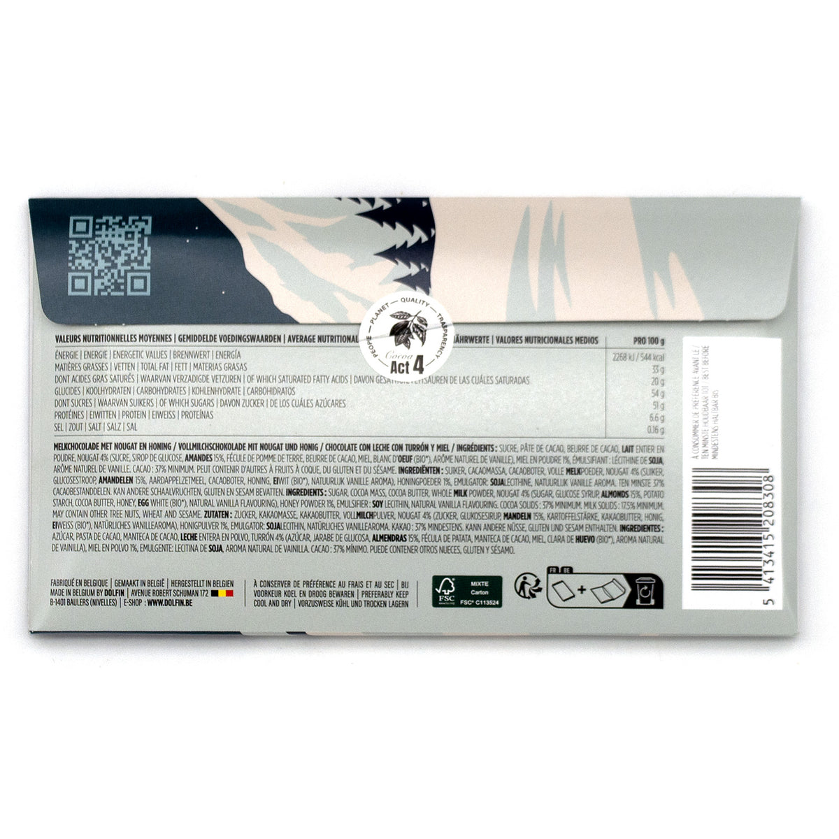 The back of a Dolfin chocolate bar package, showing nutrition facts, ingredients, a barcode, and a scenic illustration of snowy pine trees under a dark blue sky.