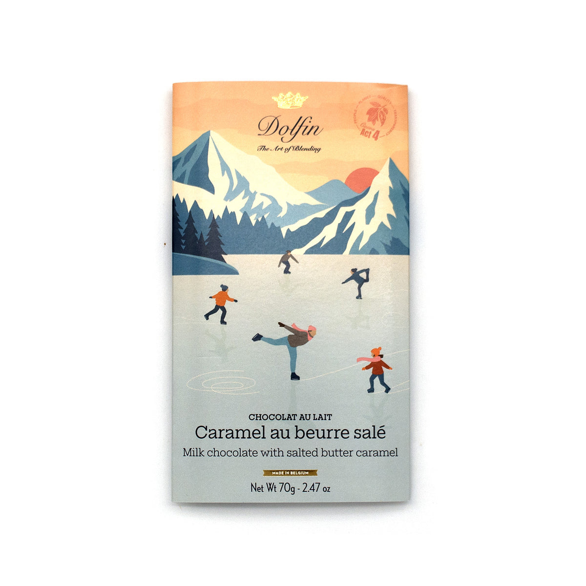 A 70g bar of Doffin Caramel au beurre salé (salted butter chocolate) featuring a colorful winter mountain illustration on the packaging, set against a plain white background.