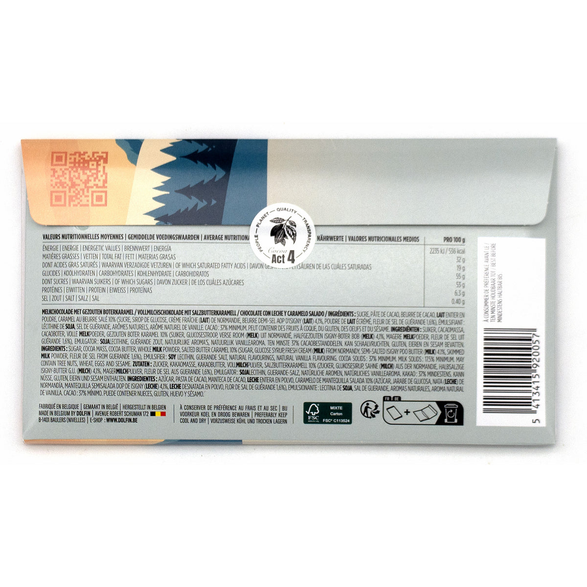 The back of a Dolfin chocolate bar, showing a white label with multicolor graphics, ingredients text, a barcode, and a circular Act 4 logo on a white background.