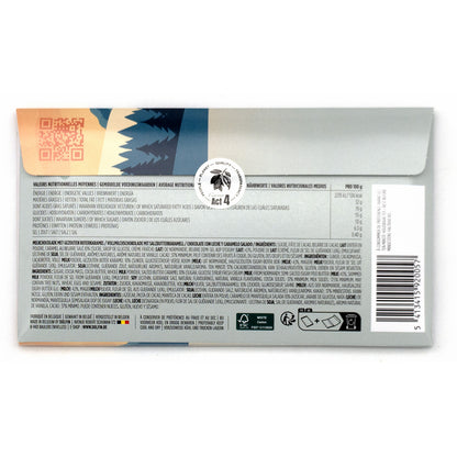 The back of a Dolfin chocolate bar, showing a white label with multicolor graphics, ingredients text, a barcode, and a circular Act 4 logo on a white background.
