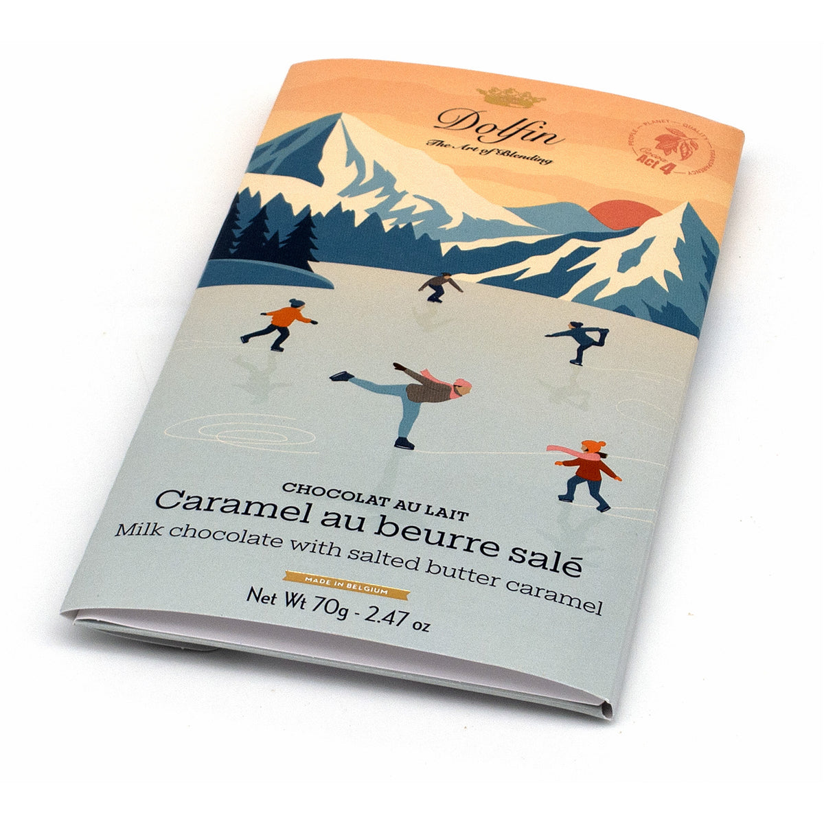 A single packaged chocolate bar from Delfin, featuring a colorful winter mountain illustration with skaters on the front, photographed on a clean white background.