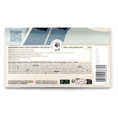 The back of a Dolfin Chocolate bar, showing a white label with black text, a QR code, a barcode, recycling symbols, and a small logo.
