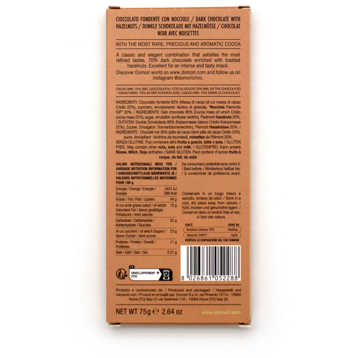 Domori Hazelnuts in Criollo 80% Dark Chocolate Bar - 75g (Past Date)