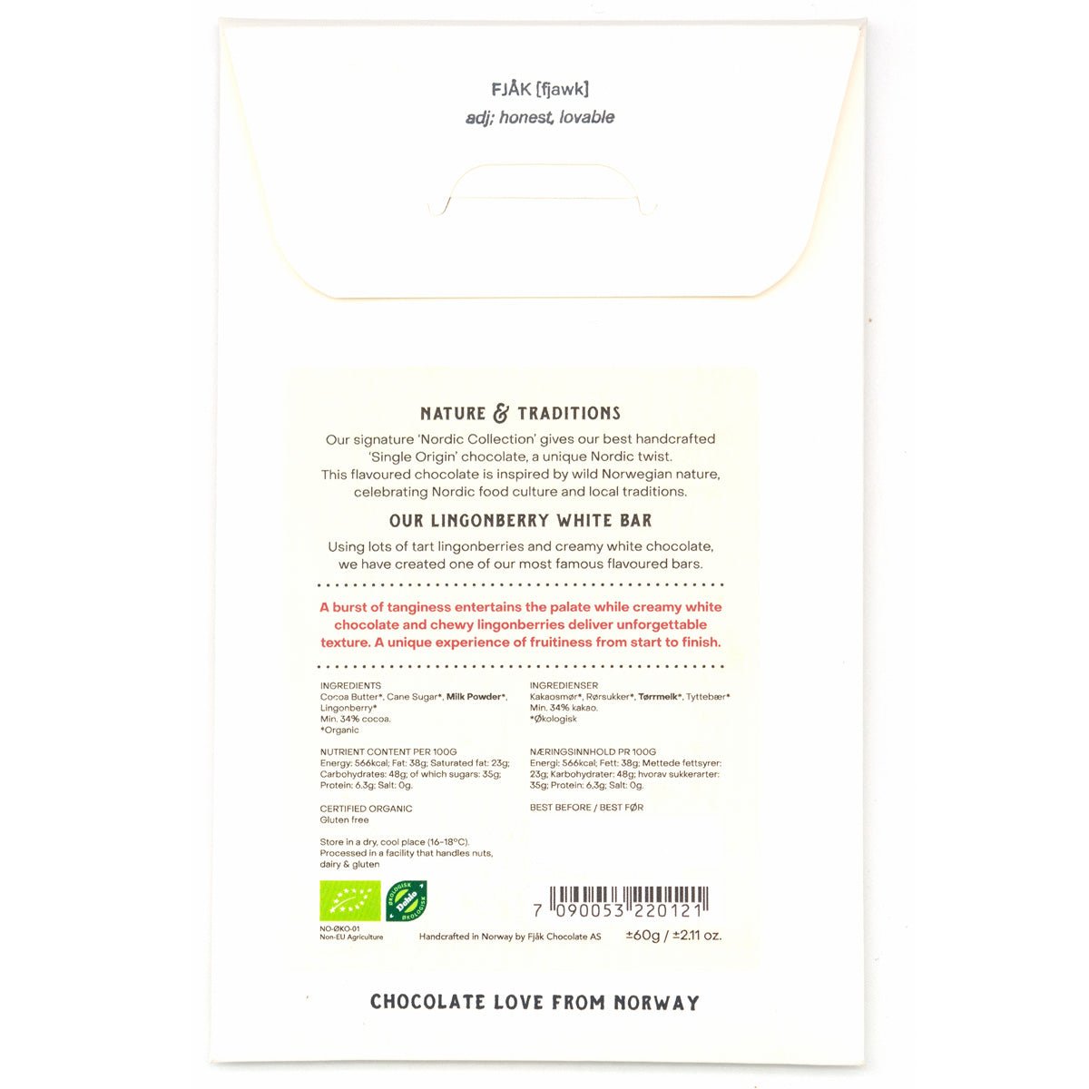 Fjak 34% White Chocolate & Lingonberry Bar - 60g