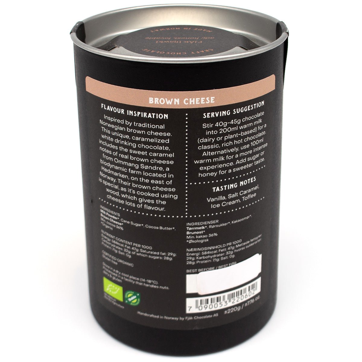 Fjak Brown Cheese 36% Single Origin White Drinking Chocolate Canister - 220g